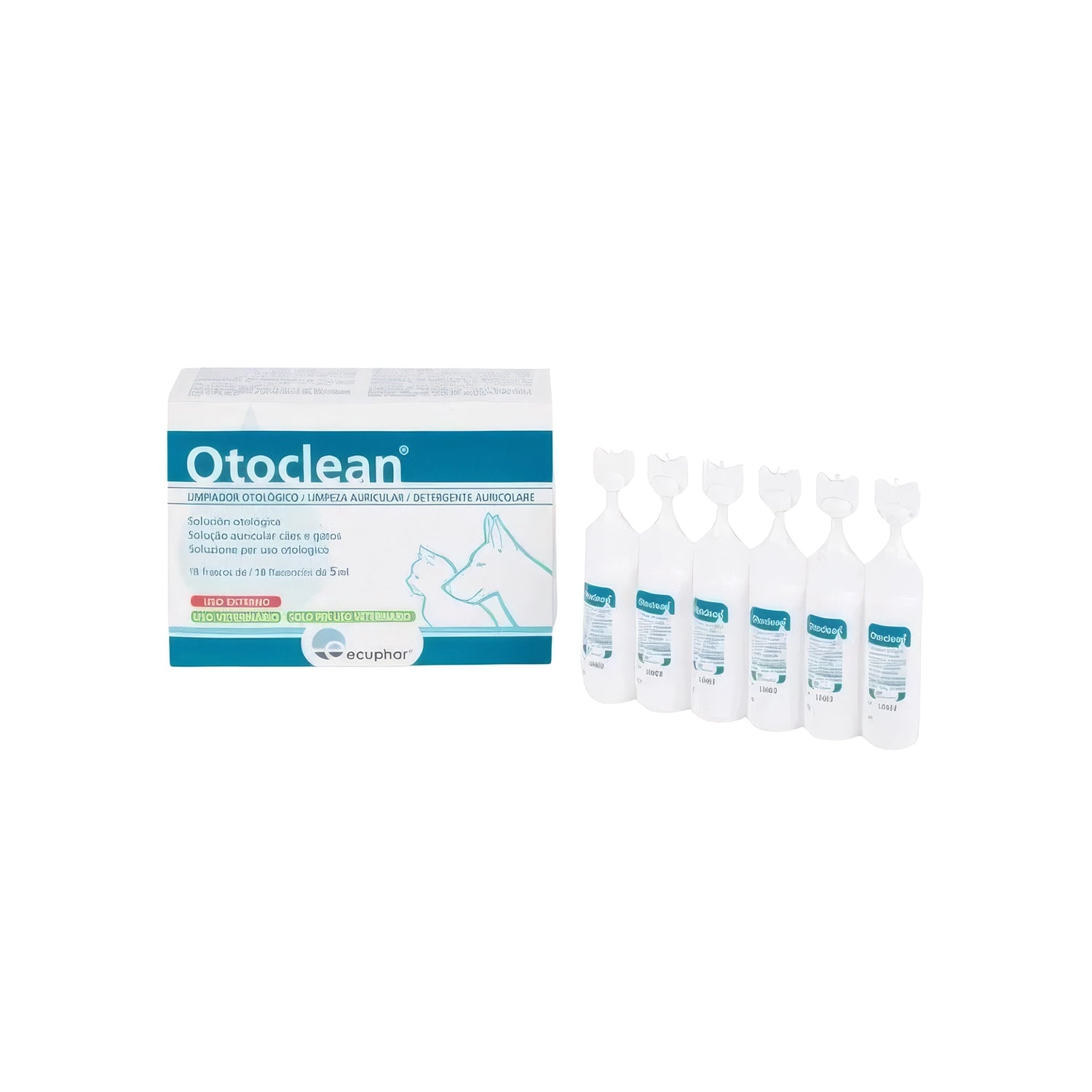 Otoclean Solución Ótica 5mL, limpiador auricular para perros y gatos en caja con frascos monodosis individuales.