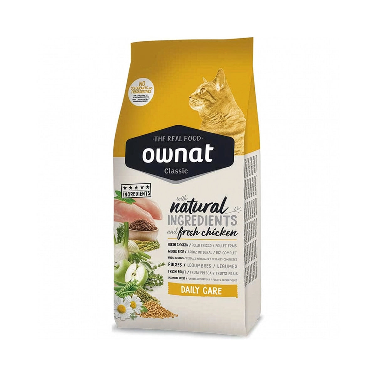 Ownat Classic "Daily Care" para Gato Adulto, alimento seco con pollo fresco, arroz integral, frutas y vegetales.