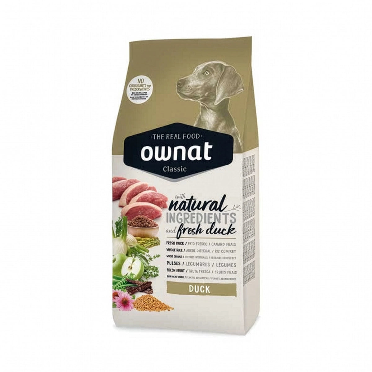 Ownat Classic Pato para Perros, alimento seco con pato fresco, cereales integrales, frutas, vegetales e ingredientes naturales.