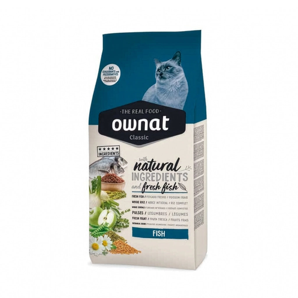 Ownat Classic Fish para Gatos, alimento seco con pescado fresco, arroz integral, frutas, vegetales e ingredientes naturales.