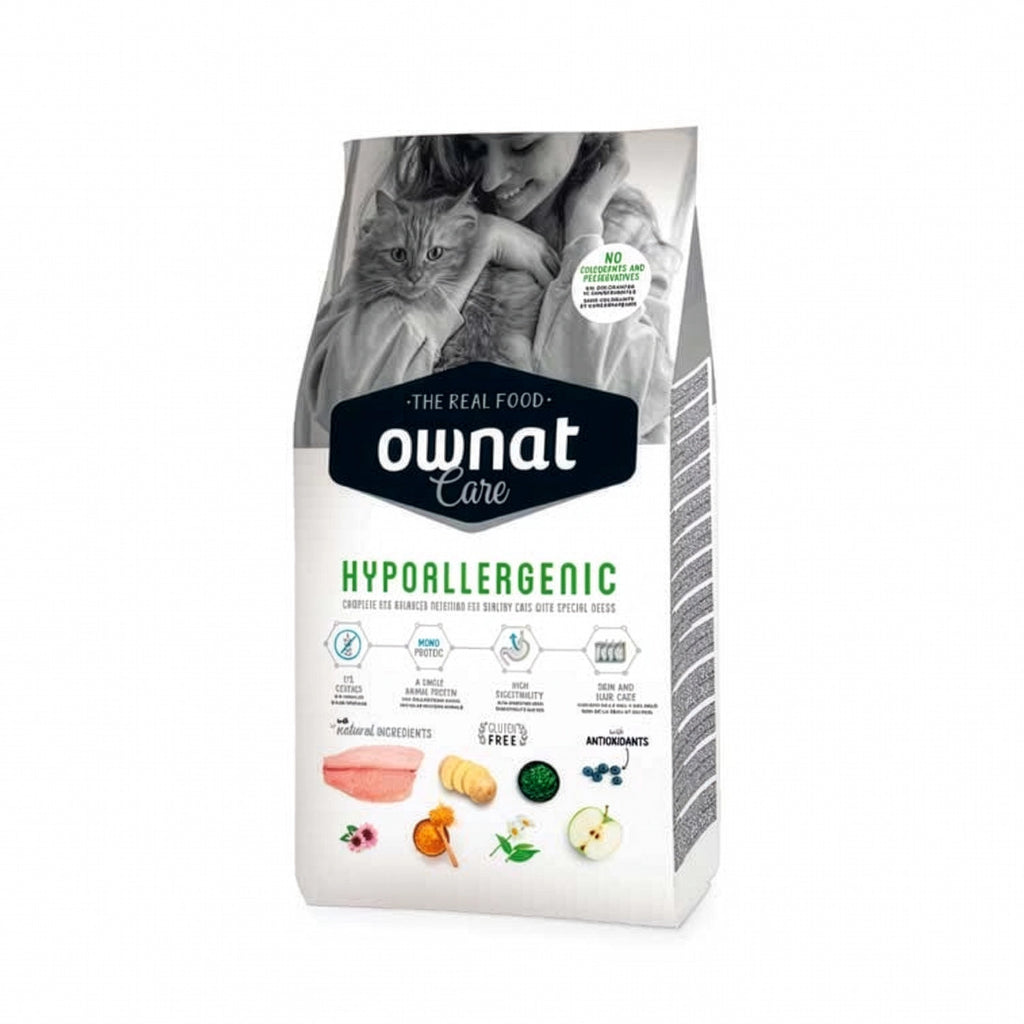 Ownat Care Hypoallergenic para Gatos, alimento seco hipoalergénico con ingredientes naturales y proteína seleccionada.