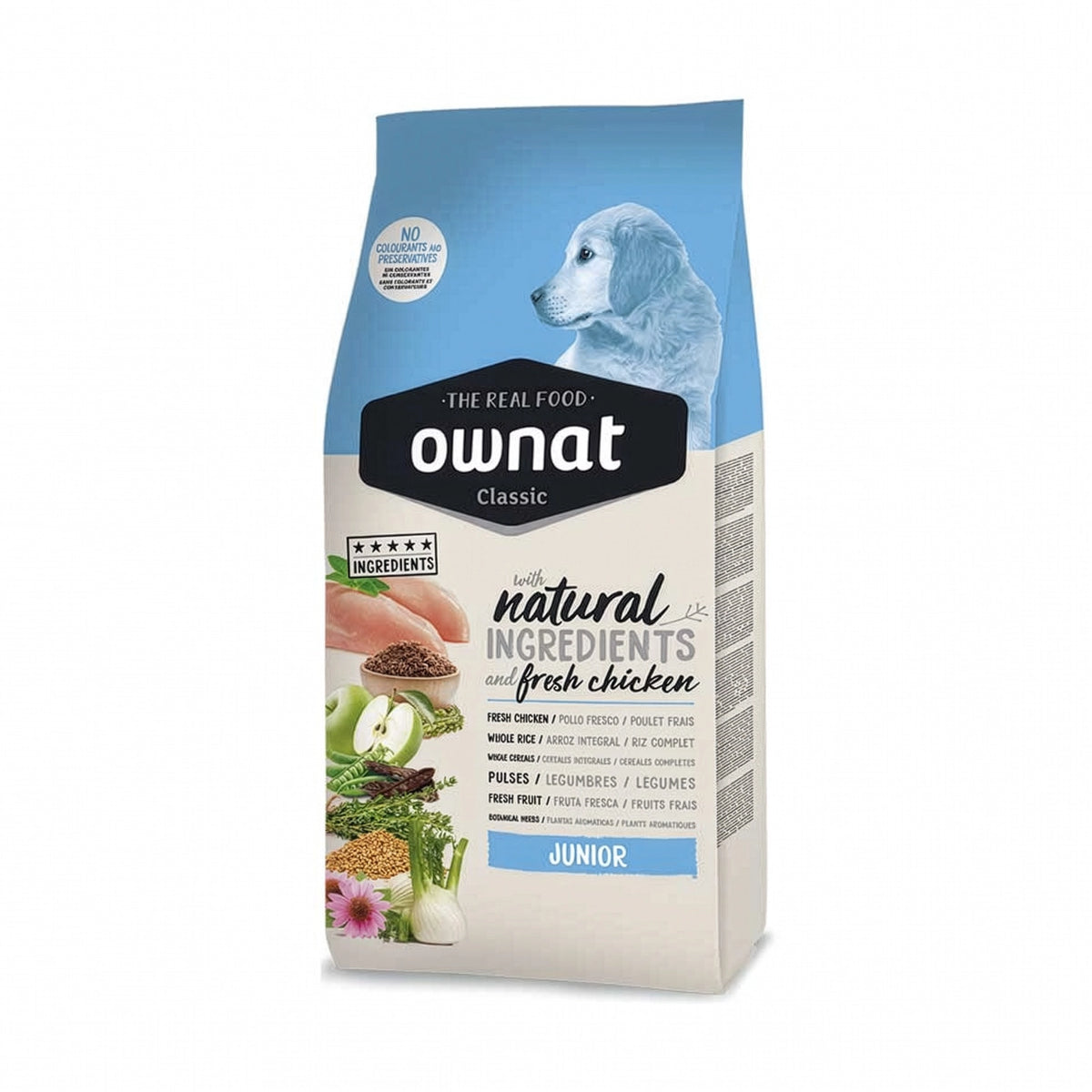 Ownat Classic "Junior" para Cachorros, alimento seco con pollo fresco, frutas, vegetales e ingredientes naturales.