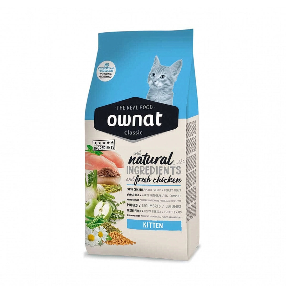 Ownat Classic "Kitten" para Gatitos, alimento seco con pollo fresco, arroz integral, frutas, vegetales e ingredientes naturales.
