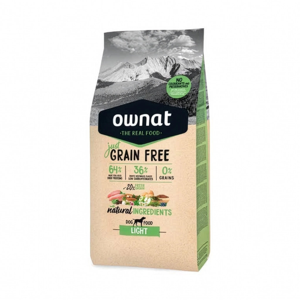 Ownat Just Grain Free Light para Perros, saco de alimento seco ligero con pollo e ingredientes naturales.