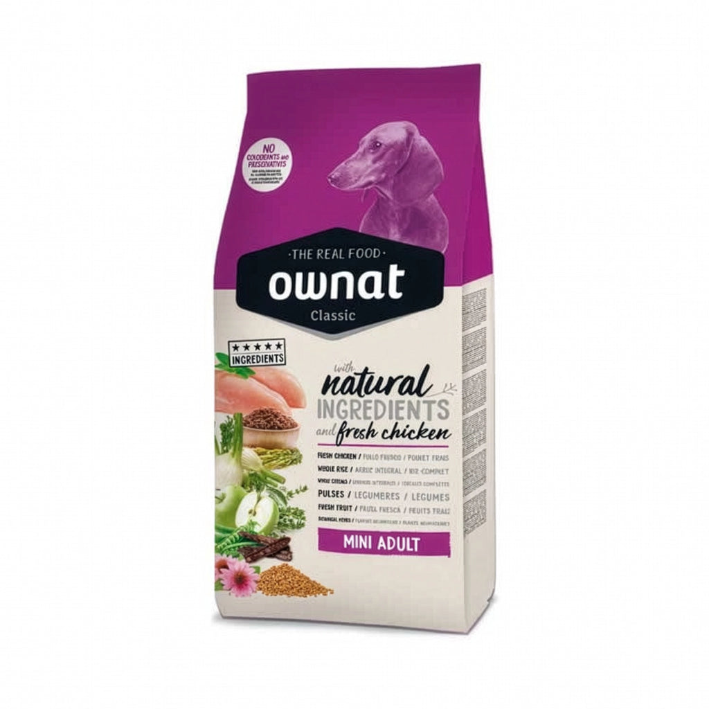 Ownat Classic para Perros Mini y Pequeños, alimento seco con pollo fresco, arroz integral, frutas y vegetales naturales.