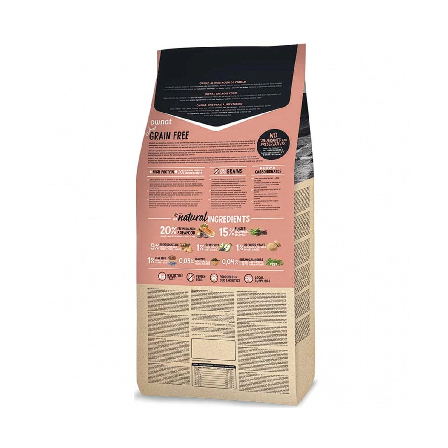 Ownat Just Grain Free "Salmon Seafood" para Perros, alimento sin cereales con salmón fresco e ingredientes naturales.