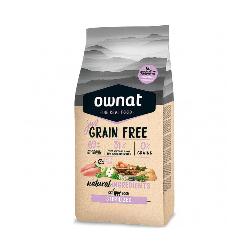 Ownat Just Grain Free "Sterilized" para Gatos Esterilizados, alimento seco sin cereales con pollo e ingredientes naturales.