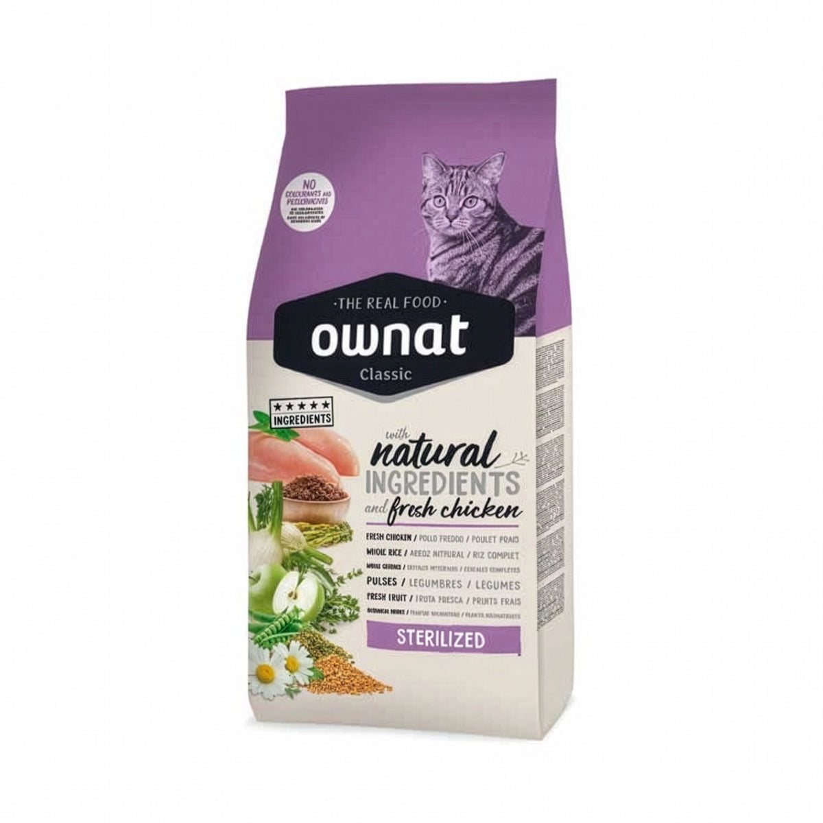 Ownat Classic "Sterilized" para Gato Adulto, alimento seco con pollo fresco, arroz integral, frutas y vegetales naturales.