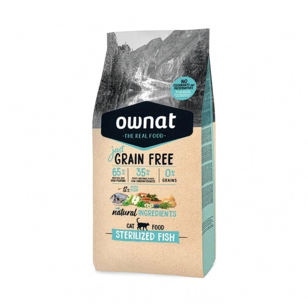 Ownat Just Grain Free Sterilized Fish para Gatos Esterilizados, alimento sin cereales con pescado e ingredientes naturales.