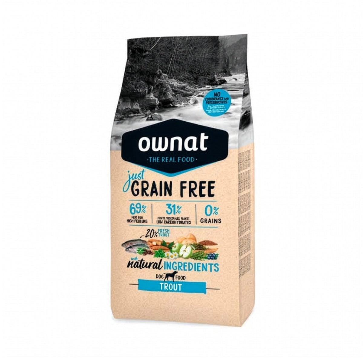Ownat Just Grain Free Trucha para Perros, alimento sin cereales con trucha fresca e ingredientes naturales.