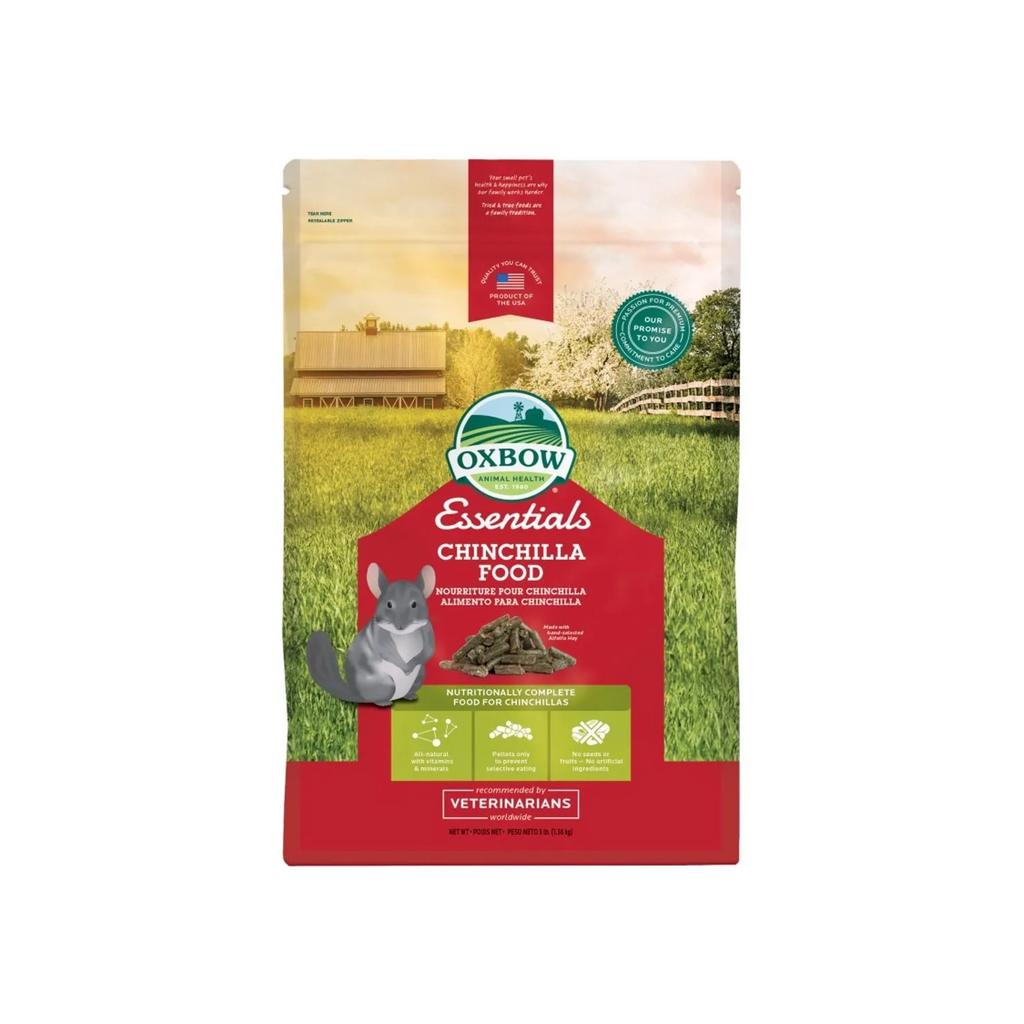 Oxbow "Essentials" Alimento para Chinchilla en bolsa roja y verde, con pellets e ilustración de una chinchilla.