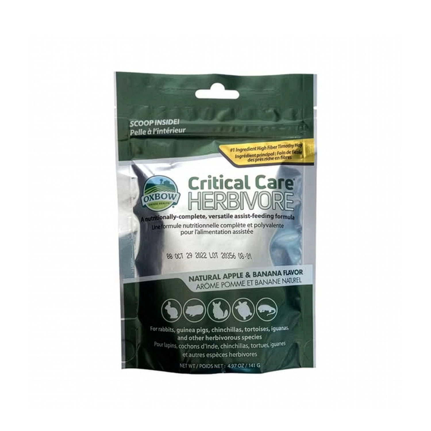 Alimento Recuperación "Critical Care" Herbívoros Anís Oxbow , en bolsa verde y plateada para pequeños herbívoros.