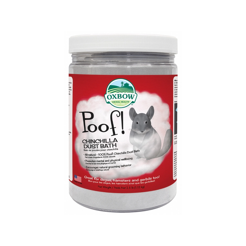 Baño de Polvo Poof! para Chinchillas Oxbow en frasco con tapa blanca, etiqueta roja y diseño de chinchilla.