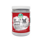 Baño de Polvo Poof! para Chinchillas Oxbow en frasco con tapa blanca, etiqueta roja y diseño de chinchilla.