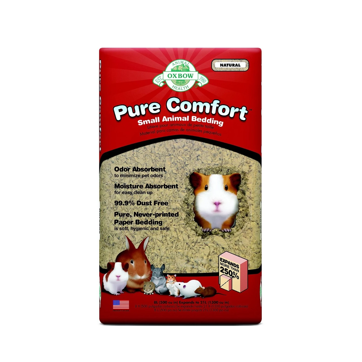 Sustrato para Cama "pure Comfort" Oxbow Natural, en bolsa roja con lecho de papel y cobayas, conejo y pequeños roedores.