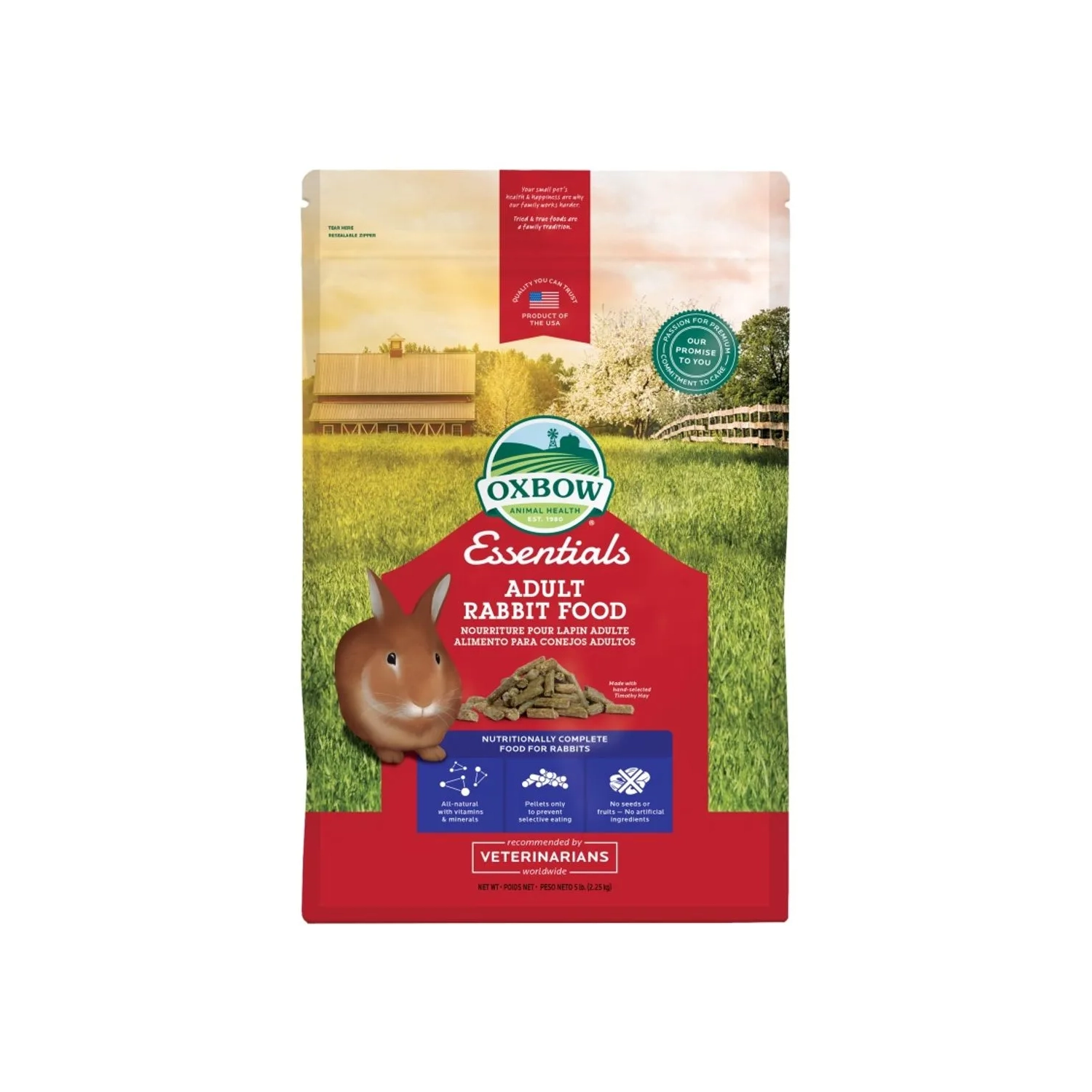 Oxbow "essentials" Alimento para Conejo Adulto, bolsa de 2,25 kg con pellets, un conejo y diseño de campo verde.