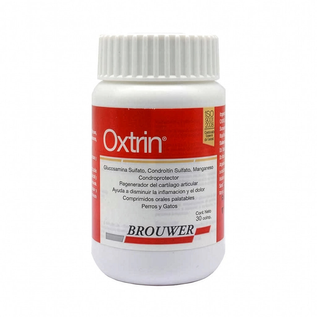 Oxtrin Condroprotector en frasco blanco y rojo para perros y gatos con glucosamina y condroitina en comprimidos.