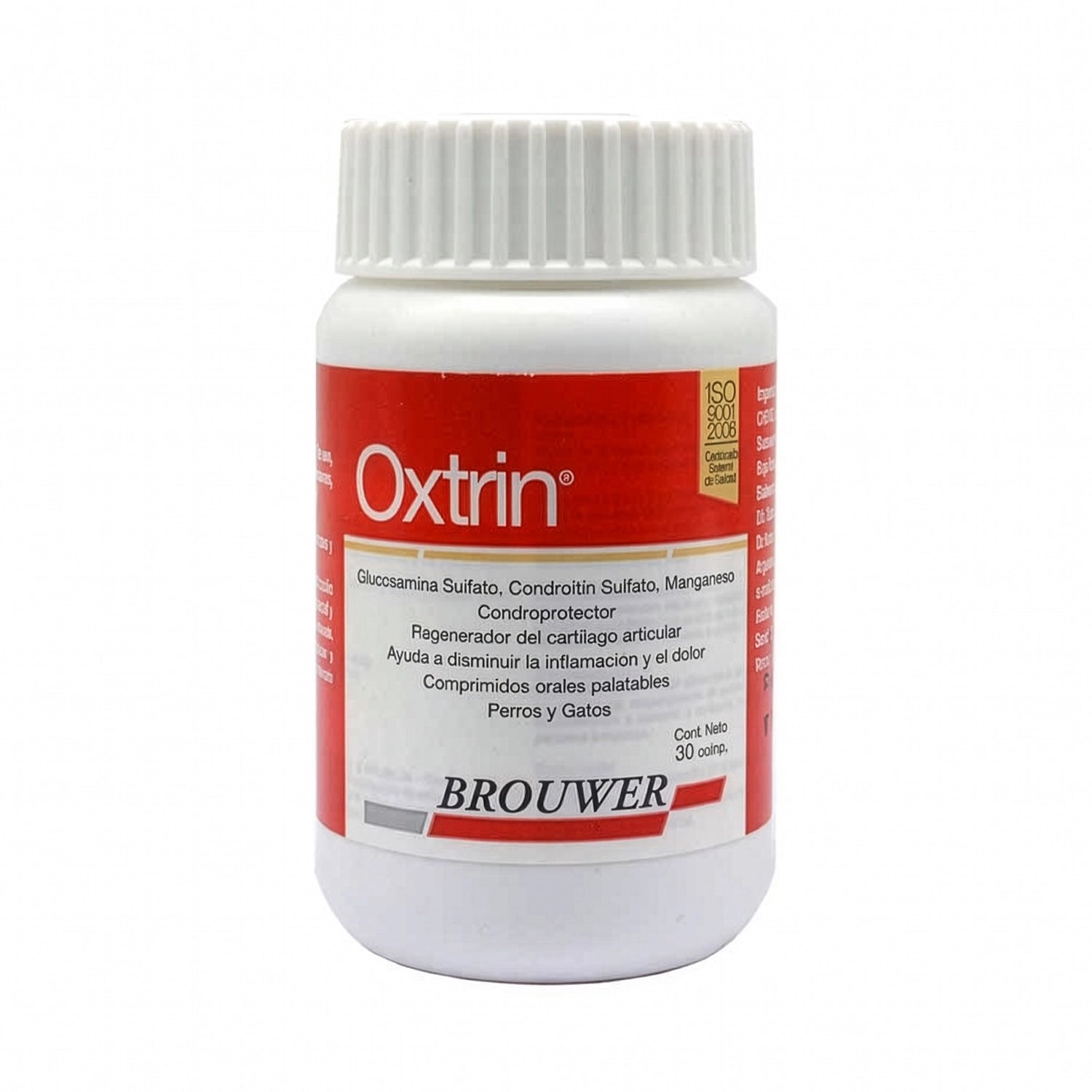 Oxtrin Condroprotector en frasco blanco y rojo para perros y gatos con glucosamina y condroitina en comprimidos.