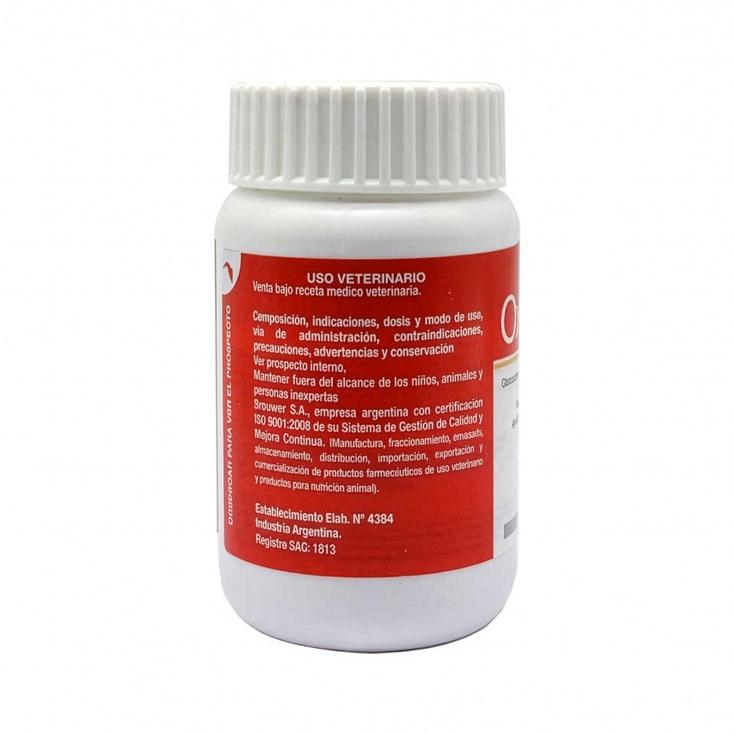 Oxtrin Condroprotector en frasco blanco y rojo para perros y gatos con glucosamina y condroitina en comprimidos.