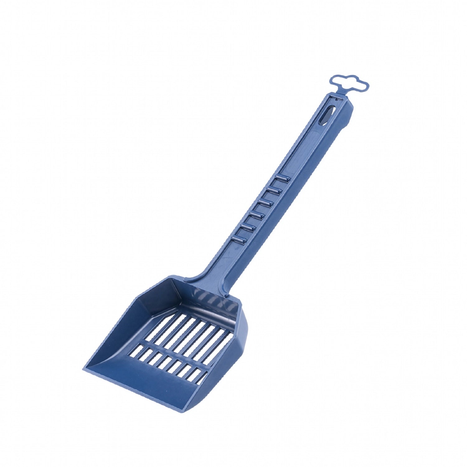 Pala Sanitaria Ferplast de plástico azul con ranuras para filtrar arena, mango largo y diseño práctico para limpiar areneros de gatos.
