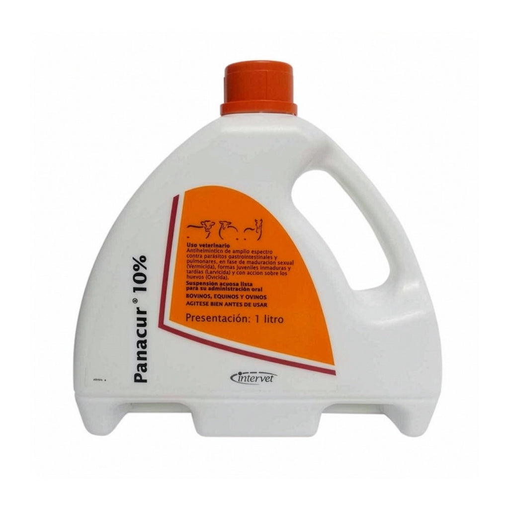 Panacur 10% Solución Oral en frasco blanco 1000 ml con tapa naranja y etiqueta veterinaria para desparasitación animal.