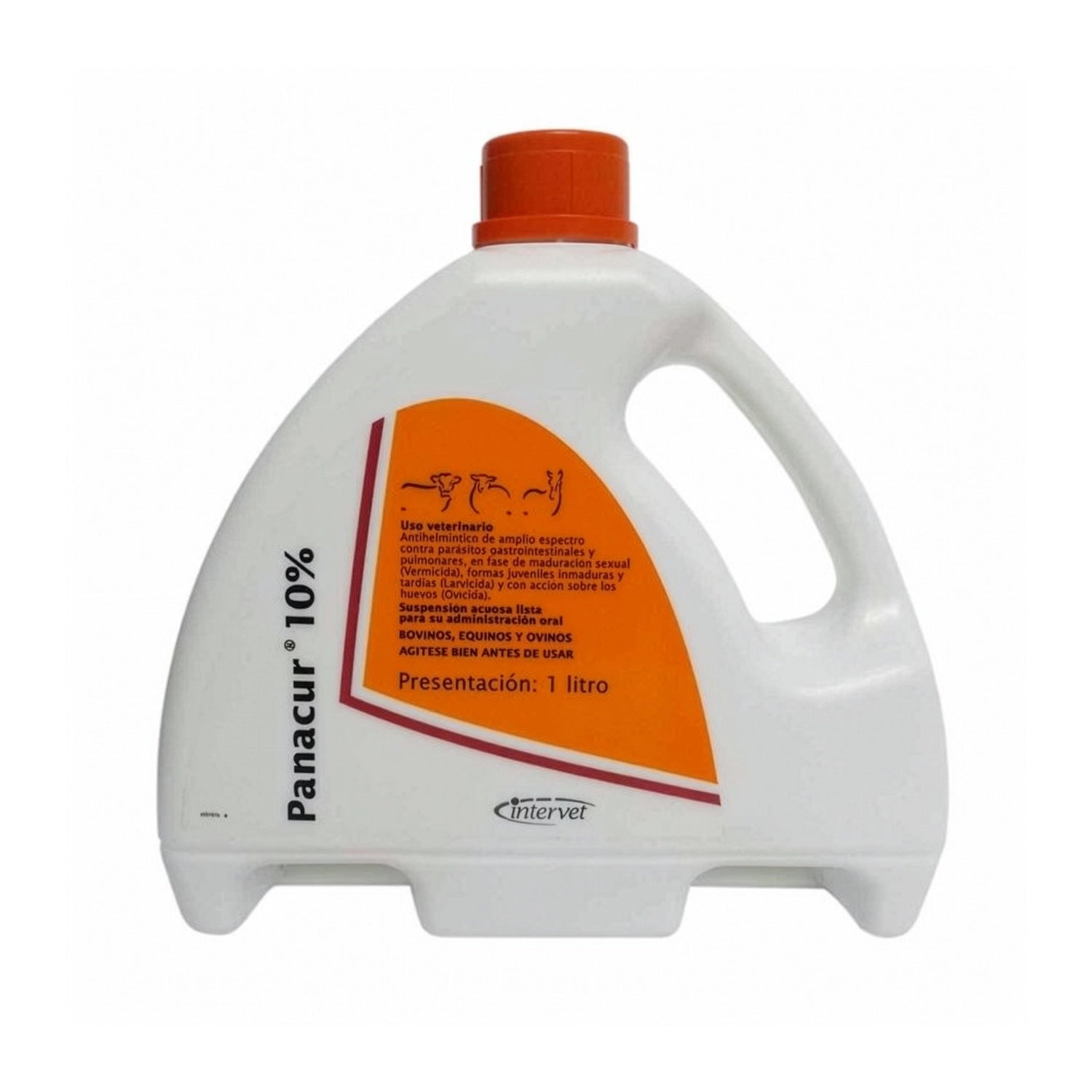 Panacur 10% Solución Oral en frasco blanco 1000 ml con tapa naranja y etiqueta veterinaria para desparasitación animal.