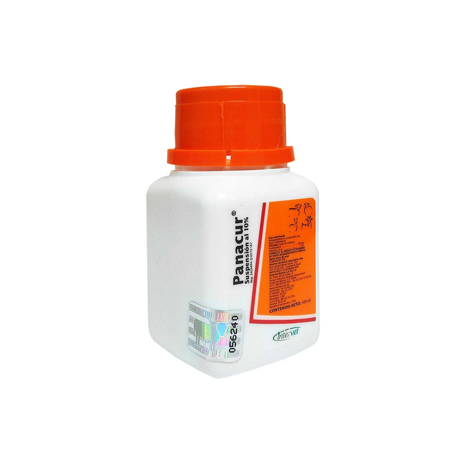 Panacur 10% Solución Oral en frasco blanco 100 ml con tapa naranja y etiqueta veterinaria para desparasitación animal.