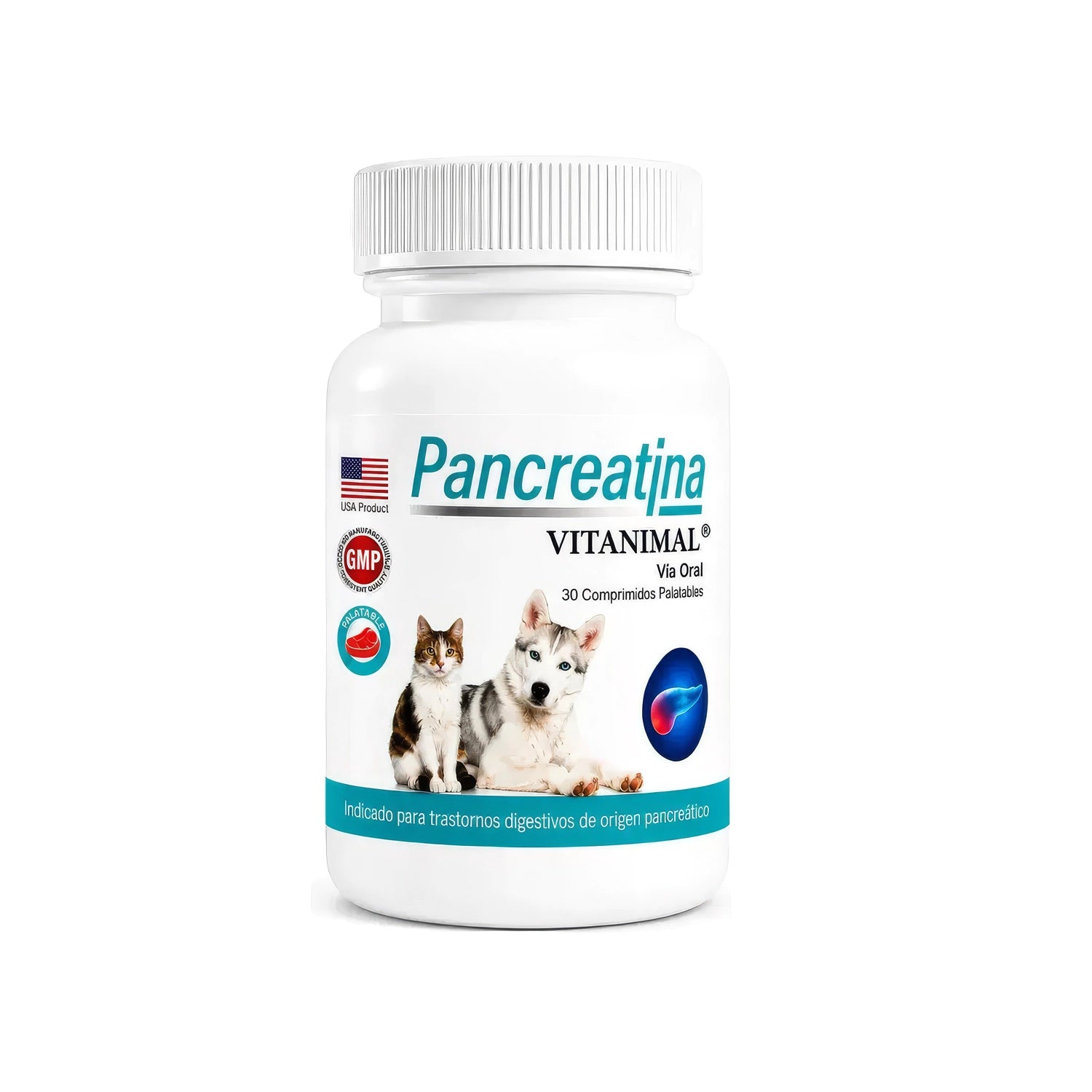 Pancreatina Vitanimal 30 Coprimidos, suplemento oral palatable para perros y gatos, indicado para trastornos digestivos.