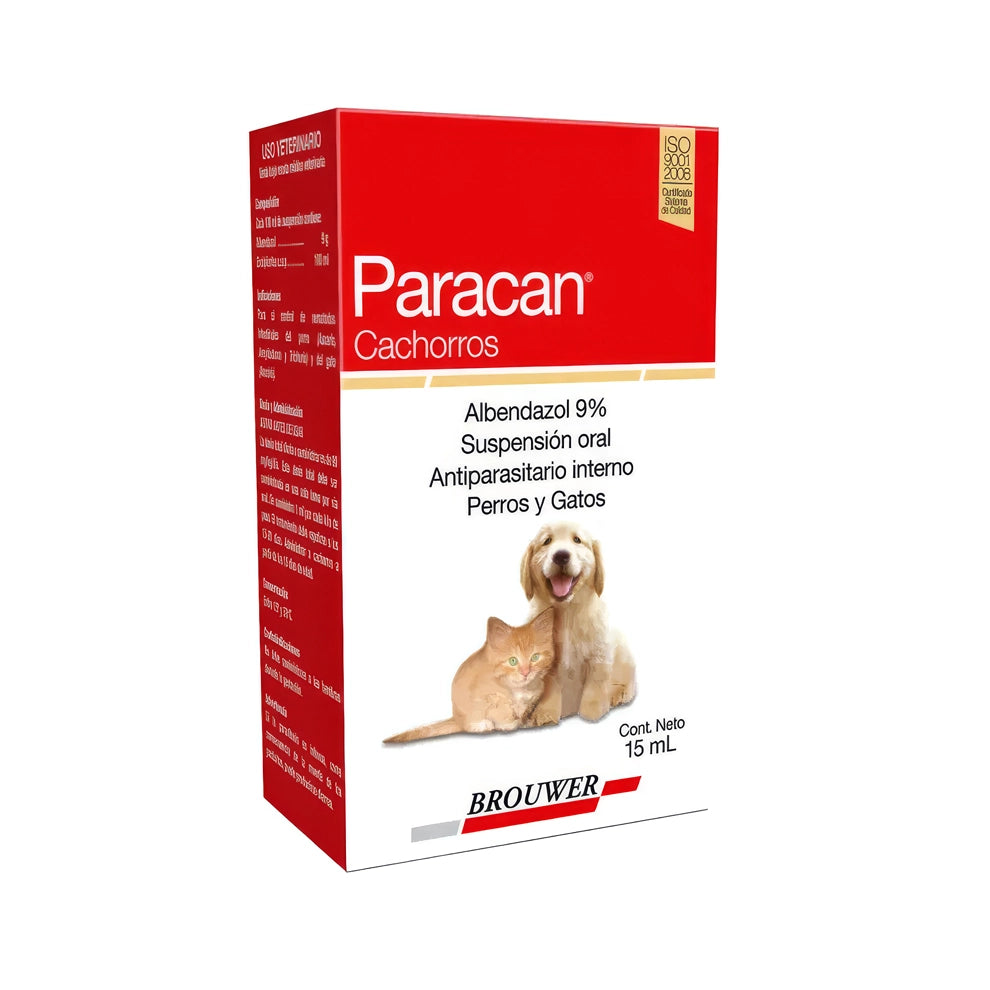 Paracan Cachorros Suspensión Oral 15 ml en caja roja y blanca, antiparasitario interno para perros y gatos en etapa juvenil.