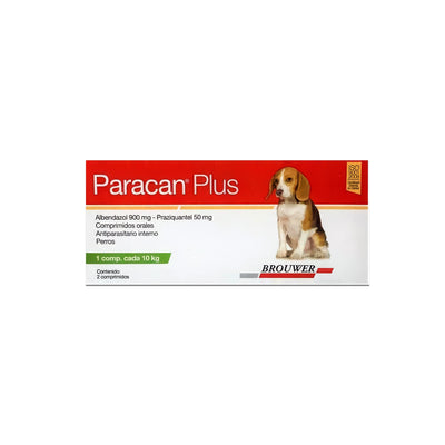 Caja de Paracan Plus 2 Comprimidos para perros, antiparasitario interno oral con albendazol y praziquantel.
