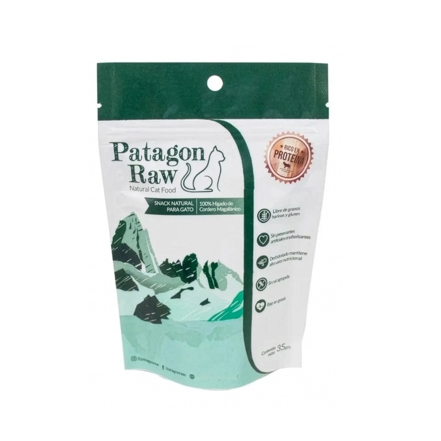 Patagon Raw Snack Cordero Magallánico para Gatos 35 g en bolsa resellable, snack natural alto en proteínas y libre de granos.