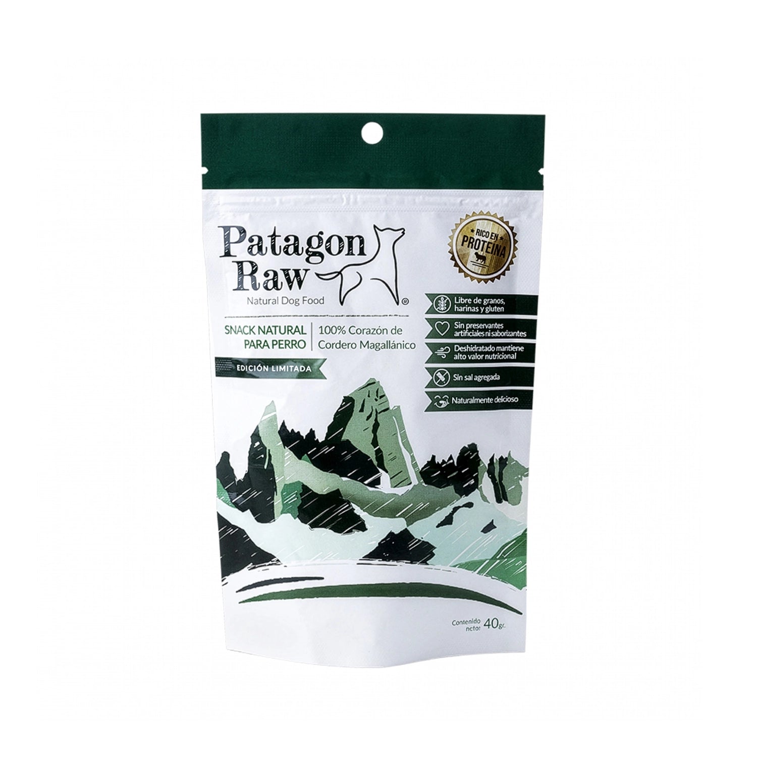 Patagon Raw Snack Cordero Magallánico para Perros 40 g en bolsa resellable, snack natural alto en proteínas y libre de granos.