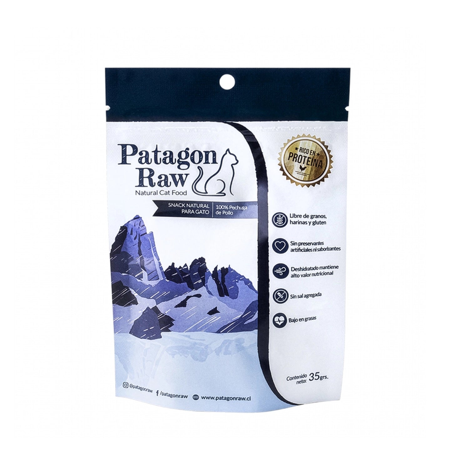 Patagon Raw Snack Pechuga de Pollo para Gatos en bolsa de 35 g, snack natural deshidratado, rico en proteína y libre de granos.