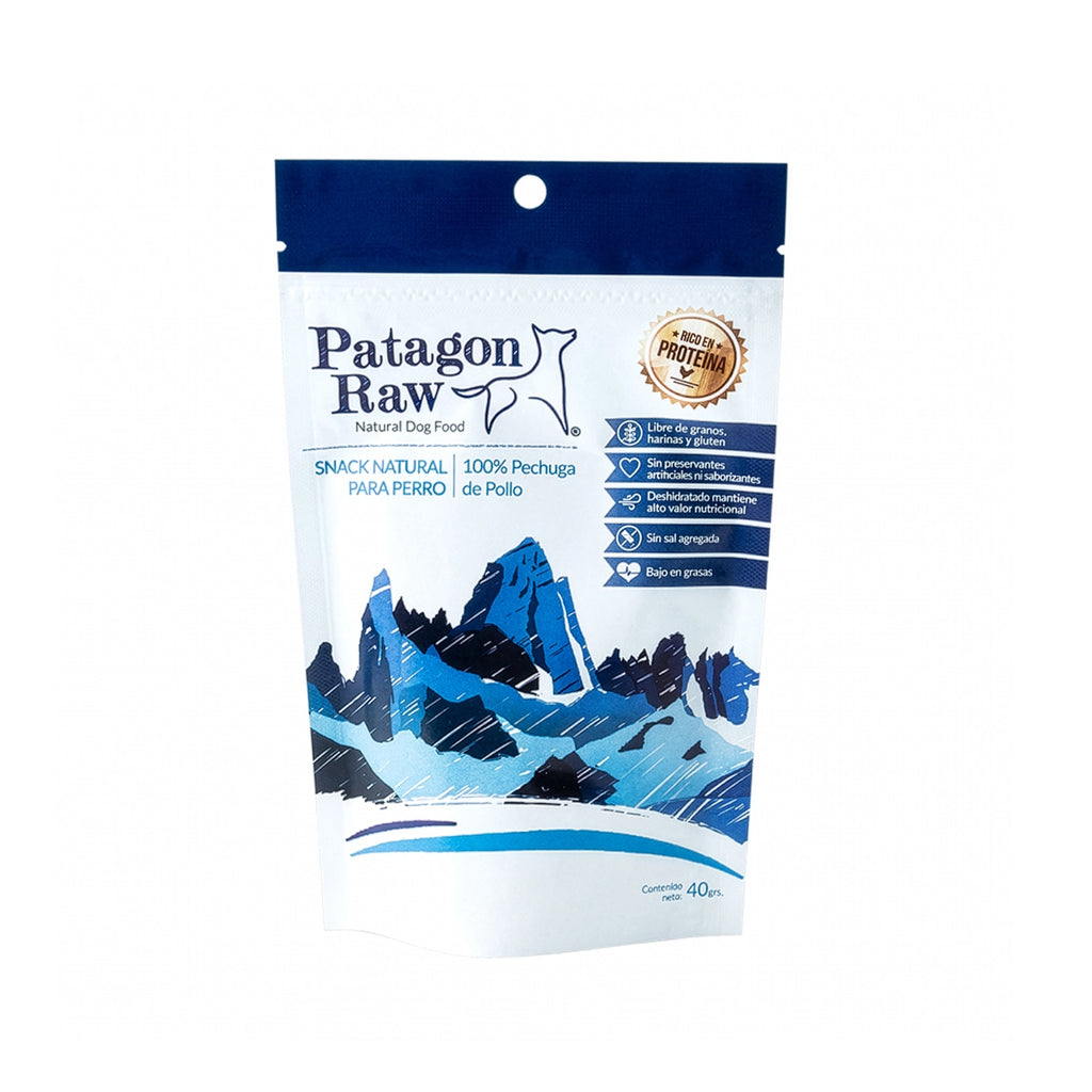 Patagon Raw Snack Pechuga de Pollo para Perros en bolsa de 40 g, snack natural deshidratado, alto en proteínas y libre de granos.