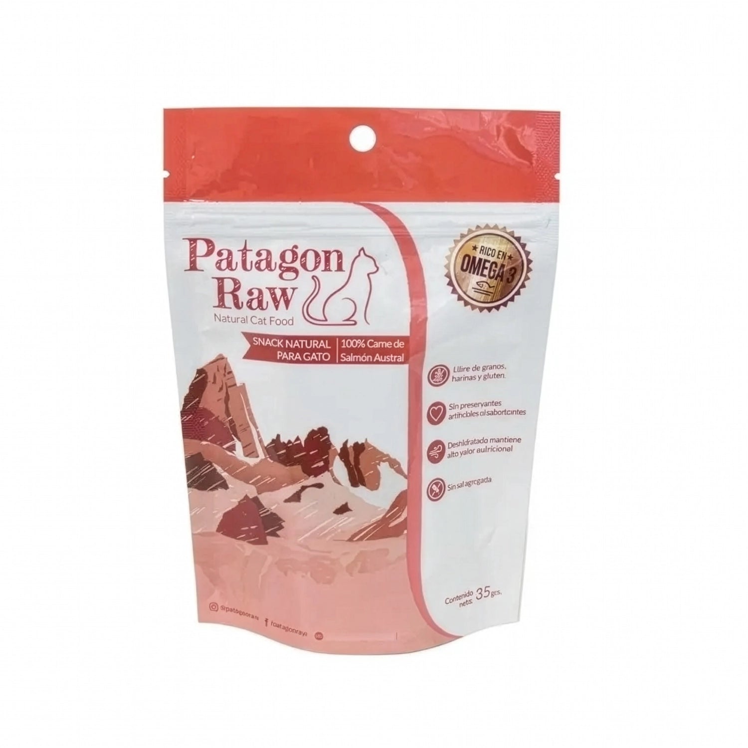 Patagon Raw Snack Salmón Austral para Gatos en bolsa de 35 g, snack natural deshidratado rico en Omega 3 y libre de granos.