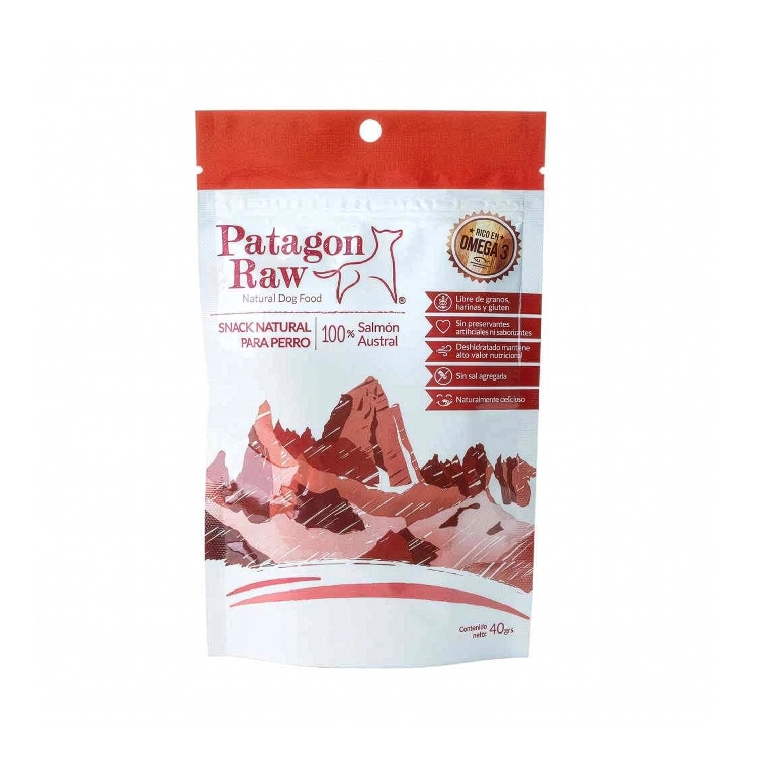Patagon Raw Snack Salmón Austral para Perros en bolsa de 40 g, snack natural deshidratado rico en Omega 3 y libre de granos.