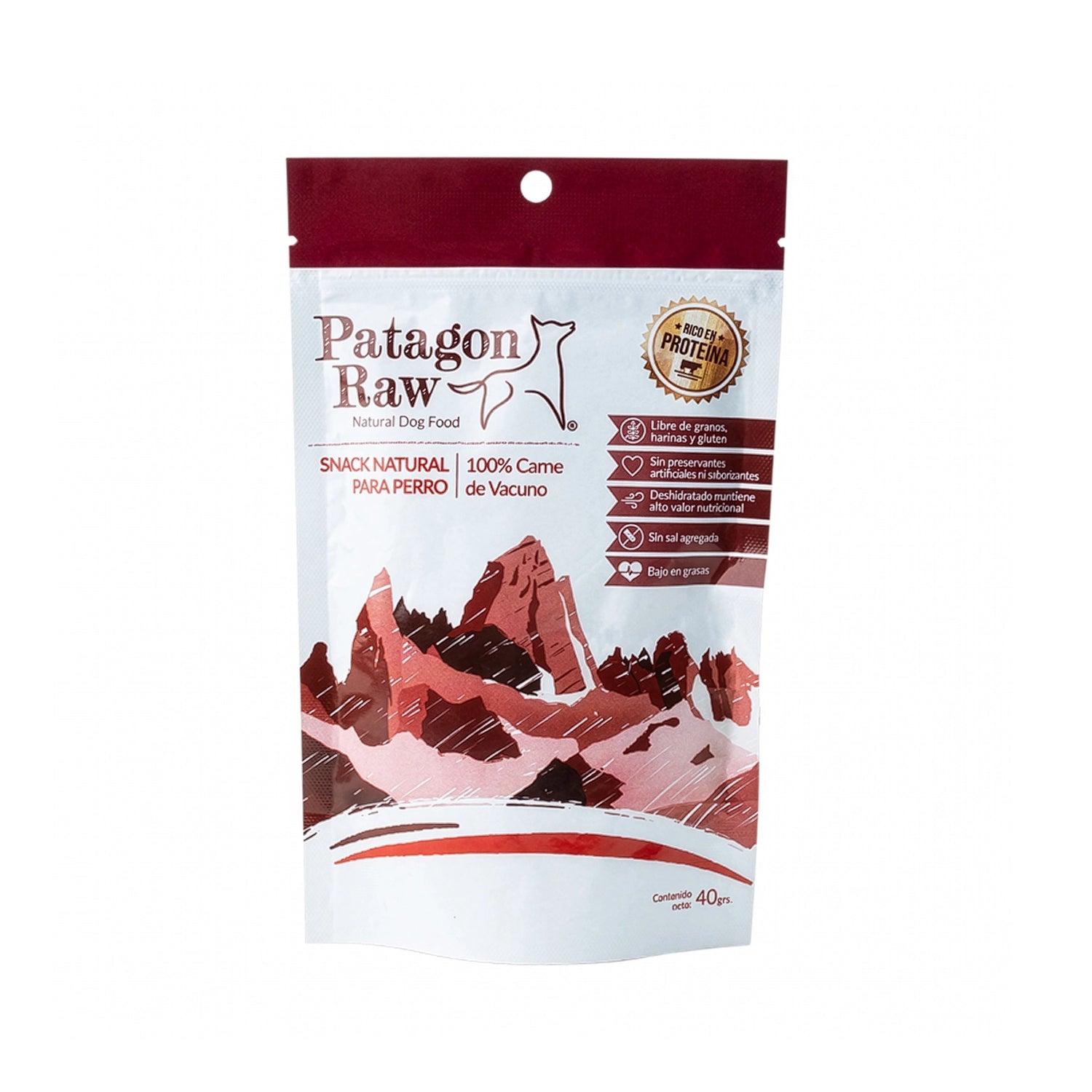Patagon Raw Snack Carne de Vacuno para Perros en bolsa de 40 g, snack natural deshidratado, rico en proteína y libre de granos.