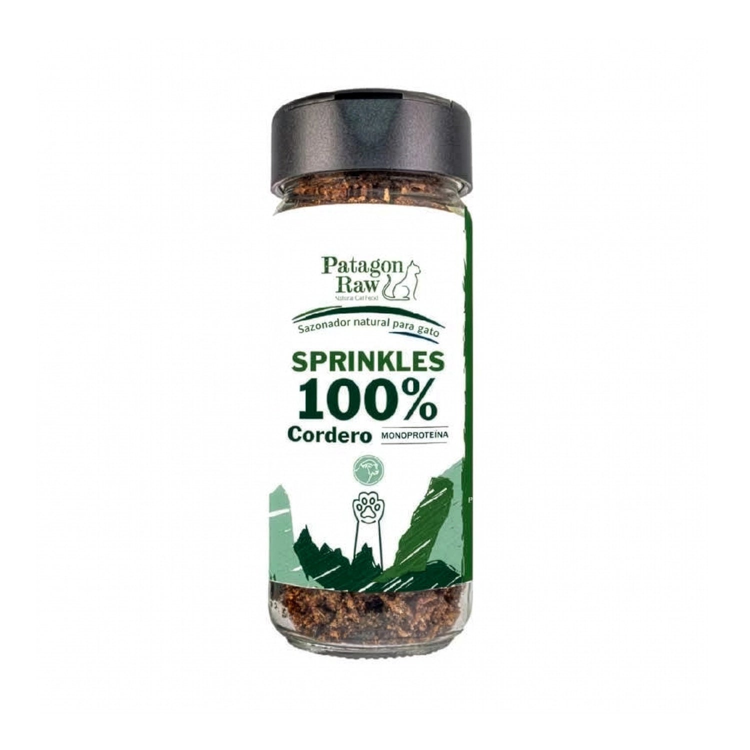 Sazonador Sprinkles Cordero Magallánico para Gatos en frasco con tapa negra, elaborado con 100% cordero y monoproteína natural.