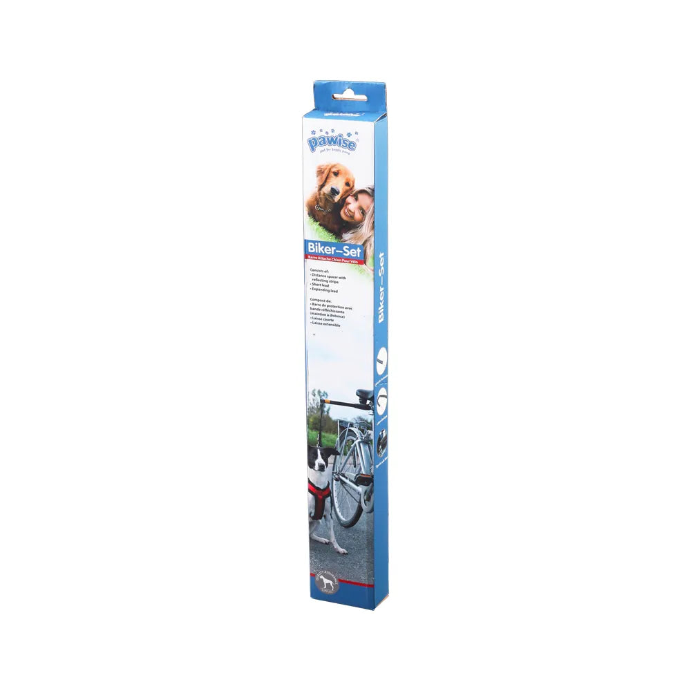 Pawise Correa Manos Libres para Bicicleta, empaque vertical azul con ilustración de perro corriendo junto a bicicleta