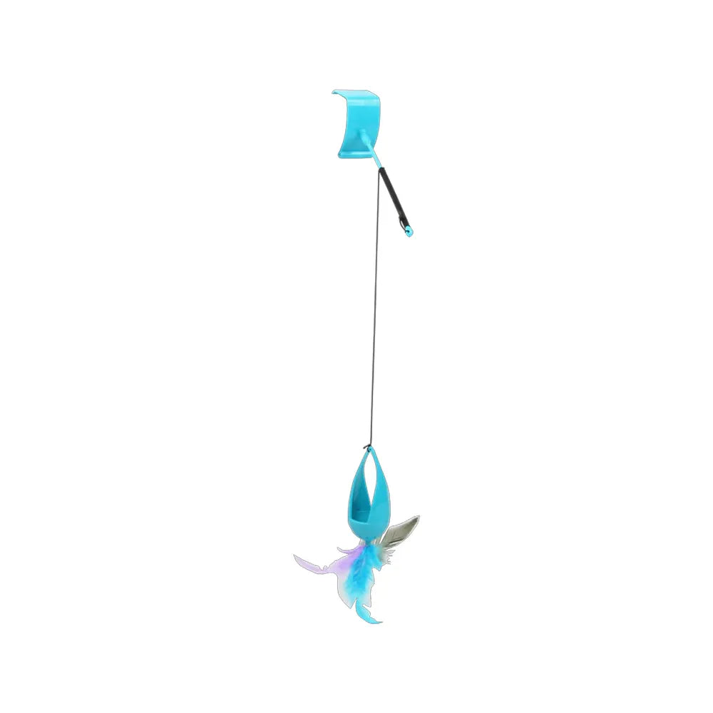 Pawise Juguete Caña para Puerta con clip superior, cuerda larga y plumas colgantes en tonos azules para juego interactivo de gatos