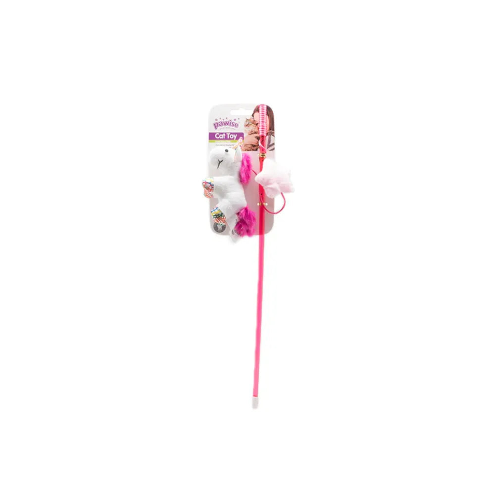 Pawise Juguete Caña Unicornio con Catnip, vara rosa con peluche de unicornio blanco y plumas para estimular el juego activo en gatos