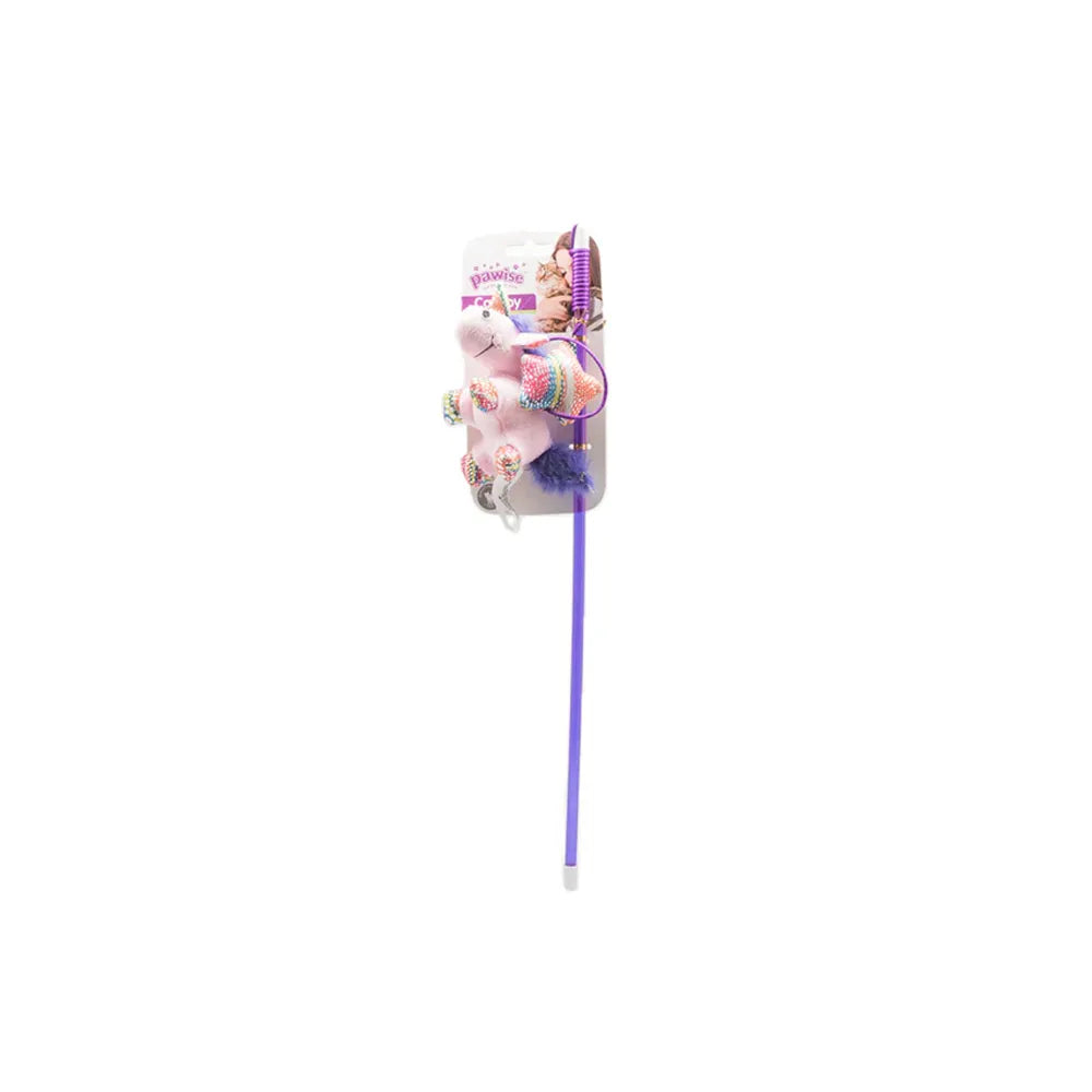 Pawise Juguete Caña Unicornio con Catnip, vara rosa con peluche de unicornio blanco y plumas para estimular el juego activo en gatos