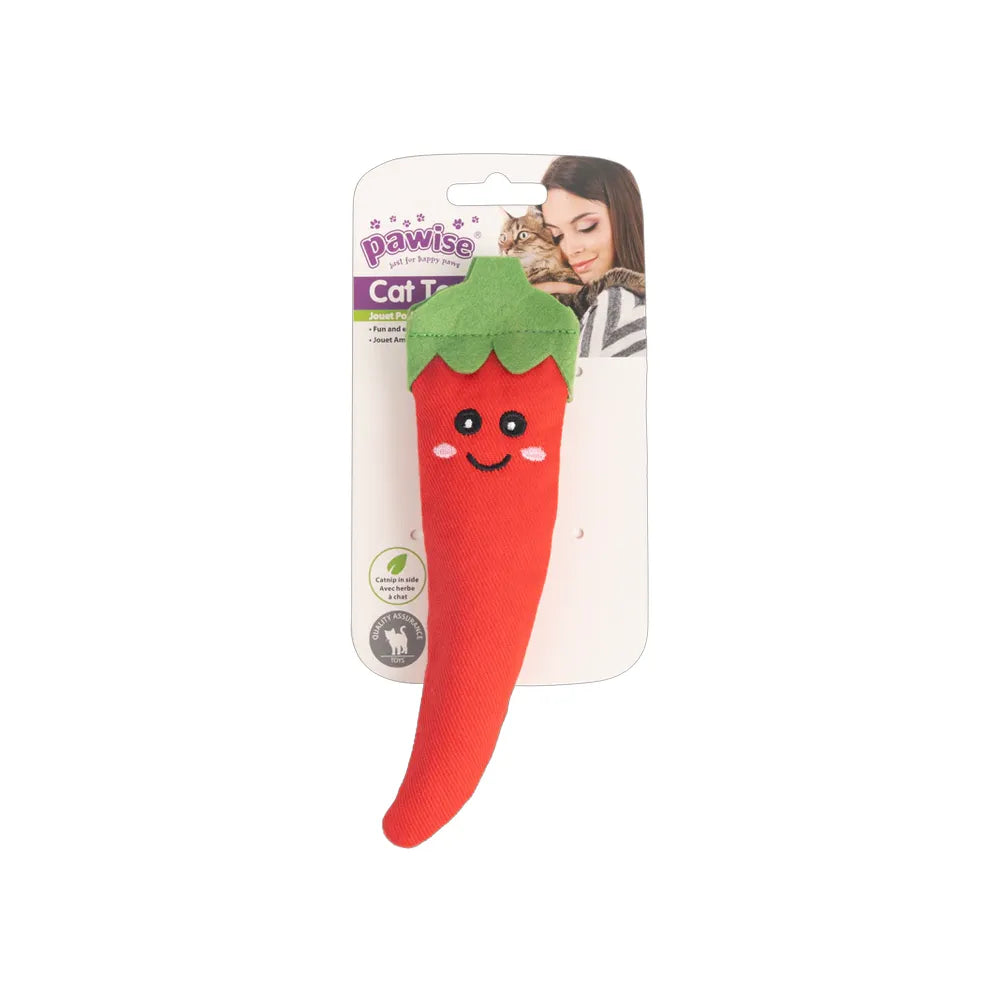 Pawise Juguete Catnip Ají con forma de chile rojo, rostro bordado y relleno de catnip, ideal para estimular el juego en gatos