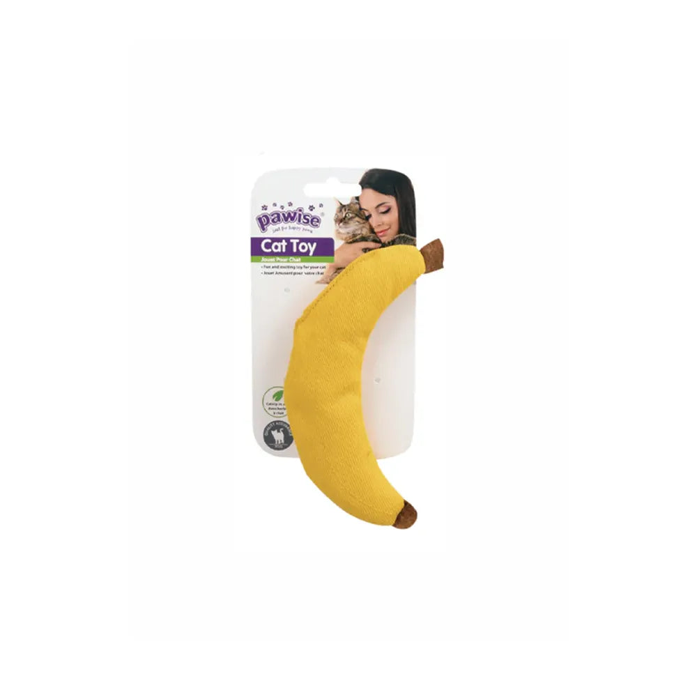 Pawise Juguete Catnip Plátano con forma de banana amarilla, textura suave y relleno de catnip para estimular el juego en gatos
