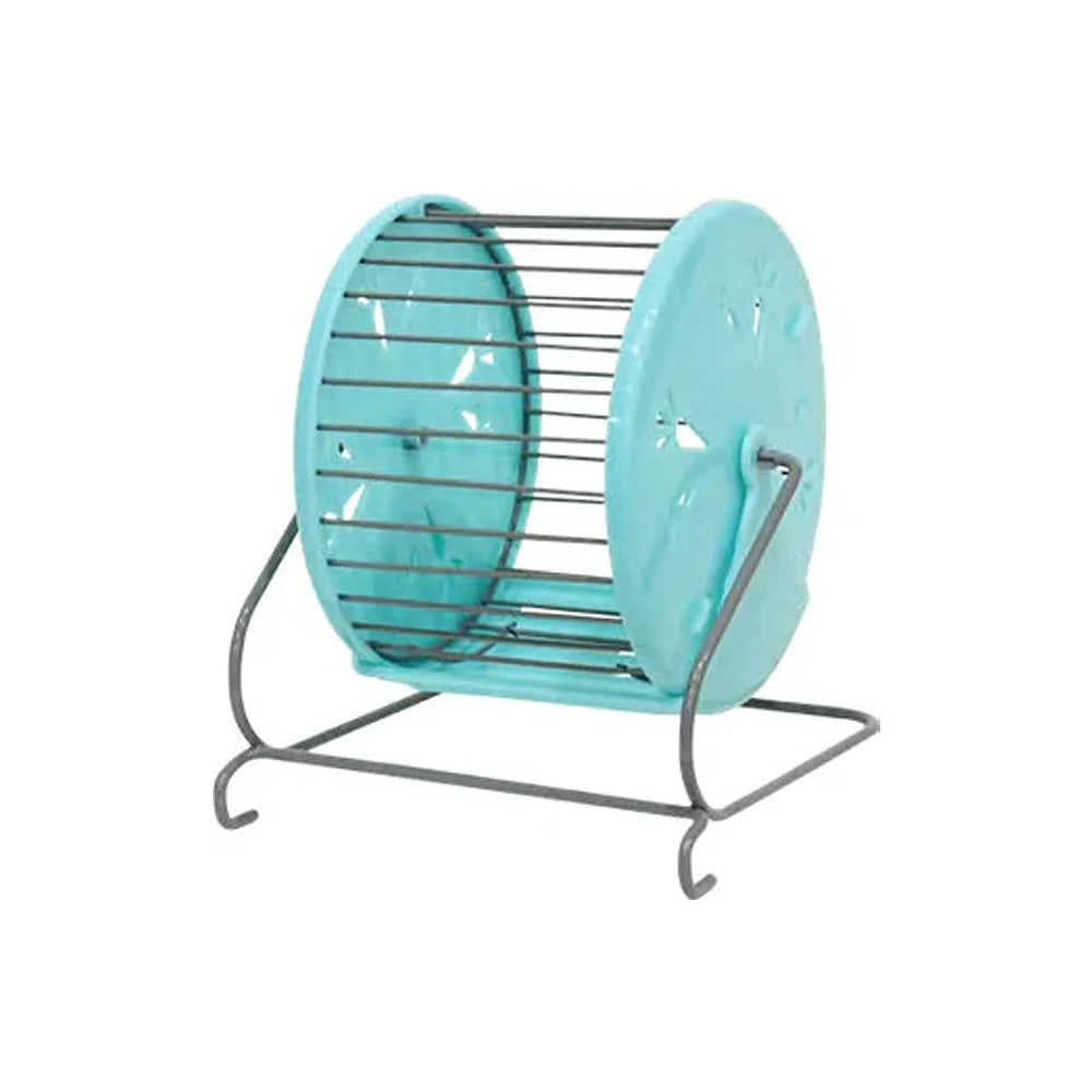 Pawise Dispensador Giratorio de Alfalfa accesorio para roedores con rueda metálica y tapas celestes, ideal para heno o alimento