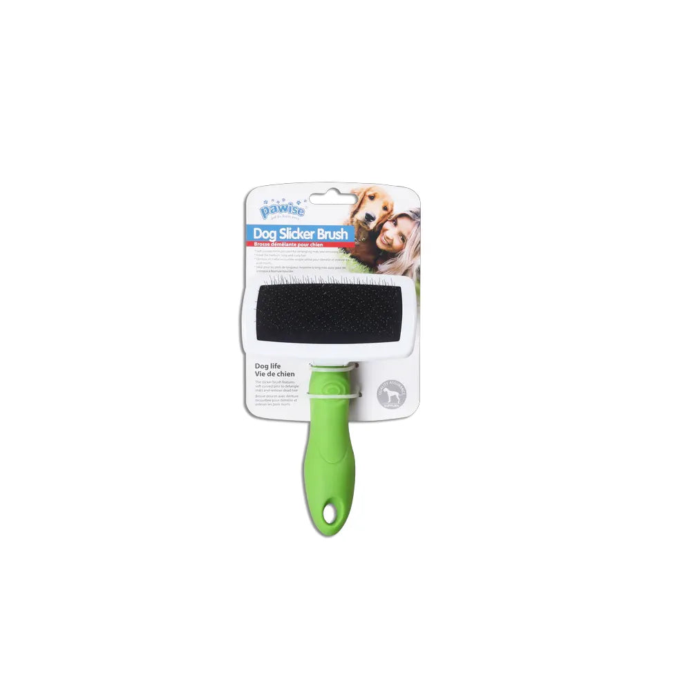 Pawise Cepillo Carda para perros con mango y cerdas metálicas, presentado en empaque con imagen de mascota