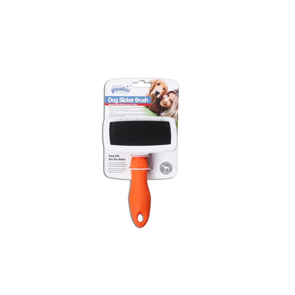 Pawise Cepillo Carda para perros con mango y cerdas metálicas, presentado en empaque con imagen de mascota