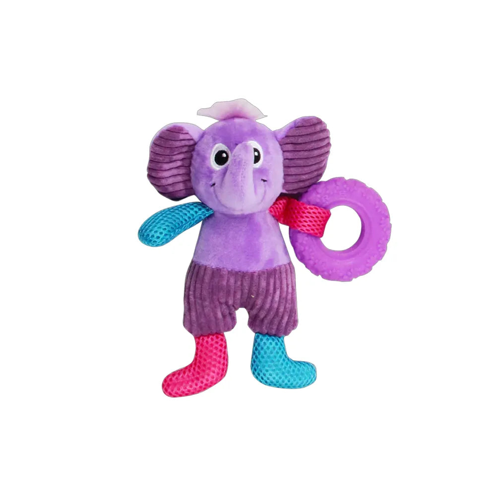 Pawise Juguete Swimming Elefante para perros, peluche morado con patas de colores y aro texturizado para morder y jugar