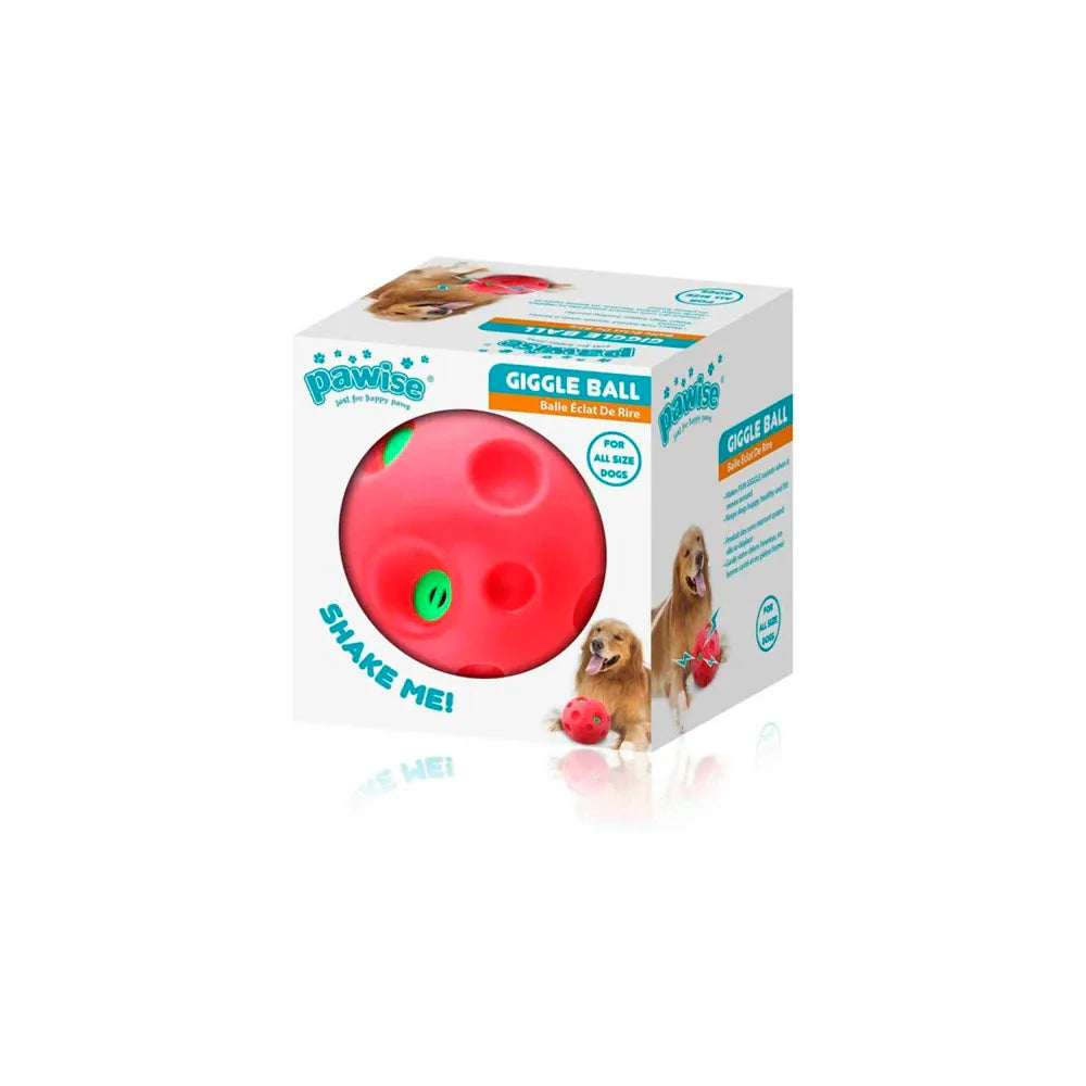 Pawise Pelota Shake Me-Giggle en empaque original, pelota interactiva roja con agujeros y sonido para entretenimiento canino