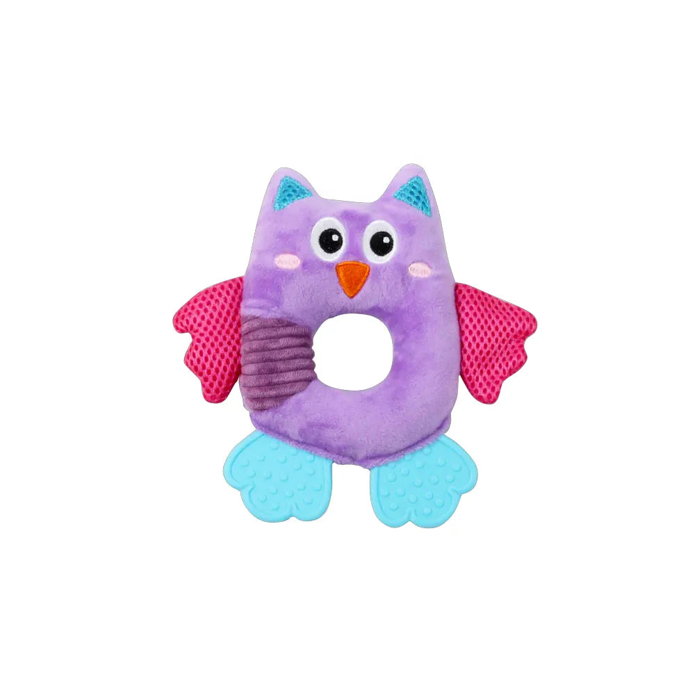 Pawise Juguete Hollow Buho para perros, peluche morado con agujero central, alas rosadas y patas texturizadas para morder